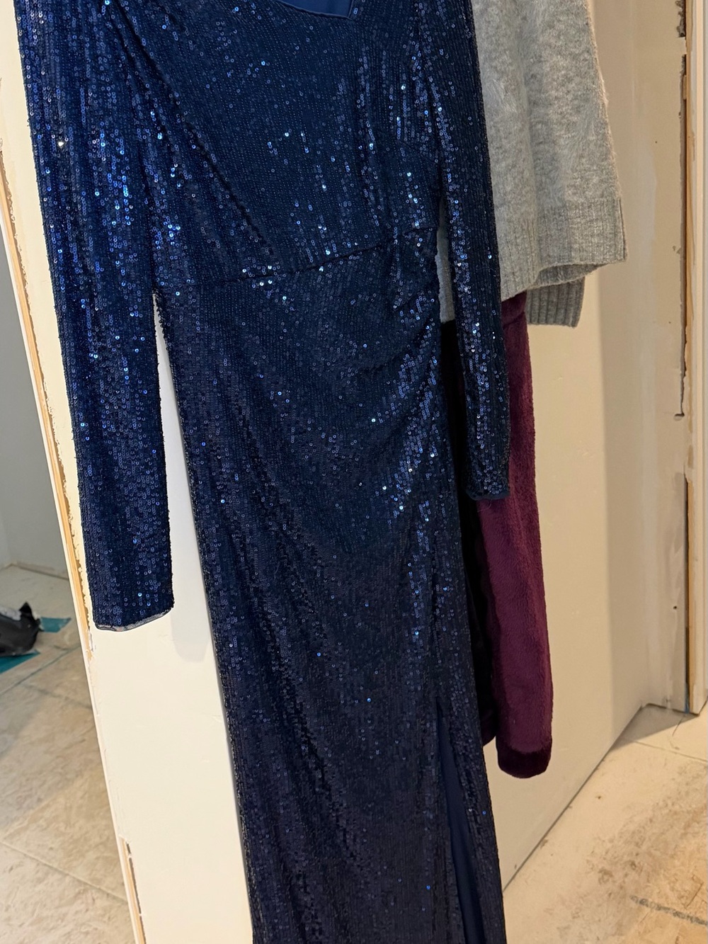 Eliza J Navy Blue Sequin Long Sleeve Gown
